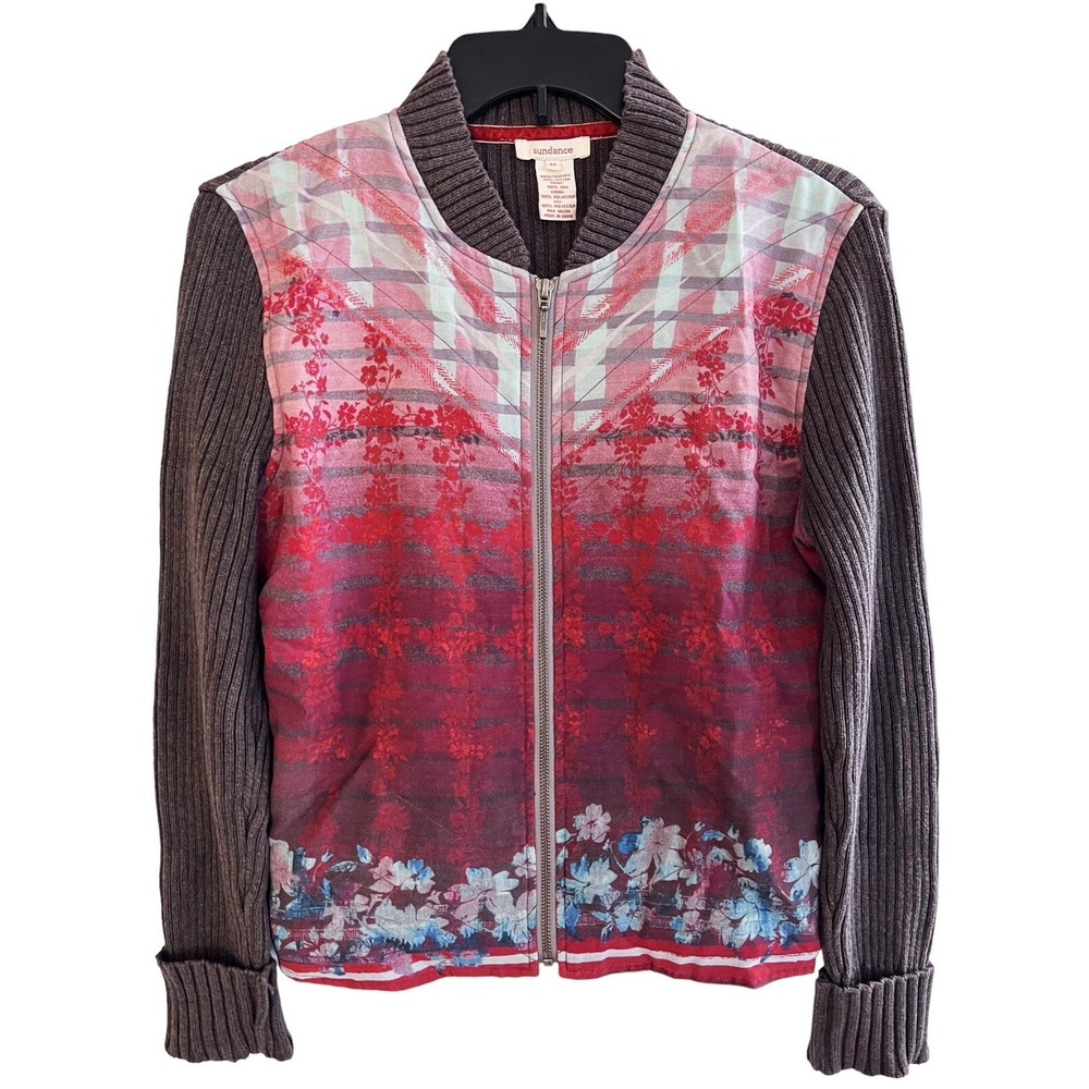 Sundance‎ Southwestern Floral Sweater Silk Bomber Jacket Womens M